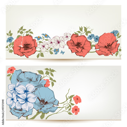 "Floral vector banners. Flowers and leaves header set" 스톡 이미지, 로열티프리 벡터