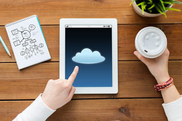 close up of woman with tablet pc on wooden table