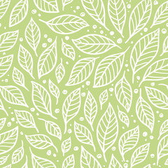 Vector seamless illustration of leaves on a green background. The pattern of leaves.