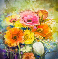 Obraz premium Watercolor painting flowers. Hand paint still life bouquet of yellow ,orange, white gerbera, rose, tulip flowers on grunge textures background. Vintage painting style. Spring flower nature background