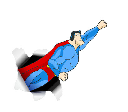 Flying Superhero thru Large Hole. Red cape, blue super hero garment. Vector illustration