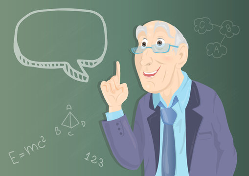 University professor standing in front of chalkboard with formulas