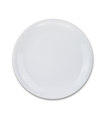 White dinner plate isolated on white background with soft shadow. Ready to drop your food.