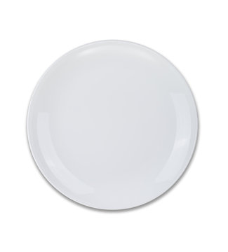 White Dinner Plate Isolated On White Background With Soft Shadow. Ready To Drop Your Food.