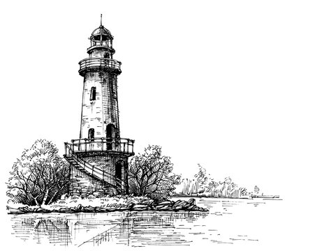 Lighthouse pencil drawing. Etch style