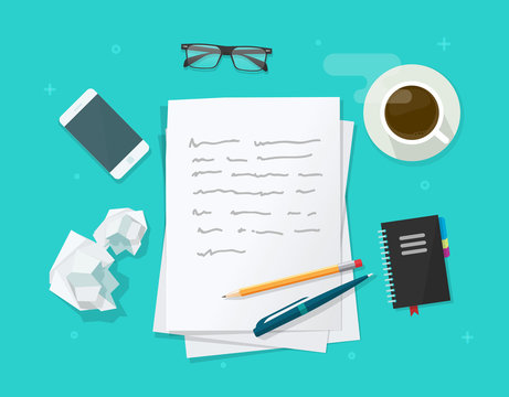 Writer create content on workplace vector illustration isolated on blue background, flat cartoon paper sheets on working table with text, pen and pencil, top view desktop with writing letter