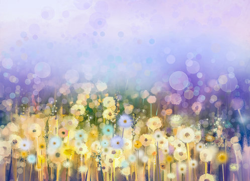 Abstract oil painting flowers plant. Dandelion flower in fields. Meadow landscape with wildflower. Purple,Blue sky color with bokeh