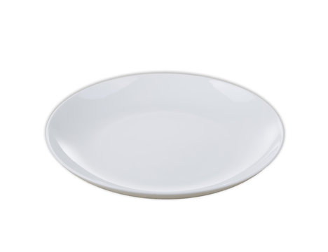 White Dinner Plate Isolated On White Background With Soft Shadow. Ready To Drop Your Food.