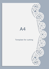 Obraz premium A4 paper lace greeting card, white pattern, cut-out template, template congratulation, perforation pattern, vector
