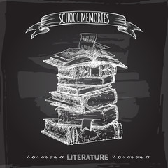 Book stack hand drawn sketch placed on blackboard background.