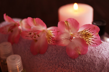 Fototapeta na wymiar Composition of spa treatments with flowers