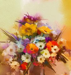 Oil painting flowers in vase. Hand paint still life bouquet of White,Yellow and Orange Sunflower, Gerbera, Daisy flowers. Vintage flowers painting in soft color and blur style background.