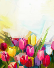 Oil painting tulip flower field . Hand painted white, yellow, red flowers in soft color with light yellow background. 