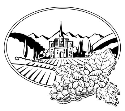 Grapes with Sketched Vineyard Farm Label