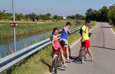 Fototapeta premium three brothers by bike on the bike path during a trip