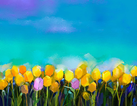 Oil painting tulips flowers. Hand paint yellow and violet tulip flowers at field with green blue sky background. Spring, summer season nature background. Semi abstract flower painting background