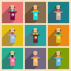 Concept of flat icons with long shadow man stands Tribune