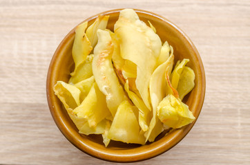 Durian chips fried snack fruit in brown blow on wooden backgroun