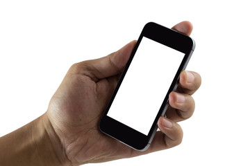 Hand holding smart phone isolated on white background with clipping path. Smart phone with blank screen and can be add your texts or others on smart phone.Smart phone concept.