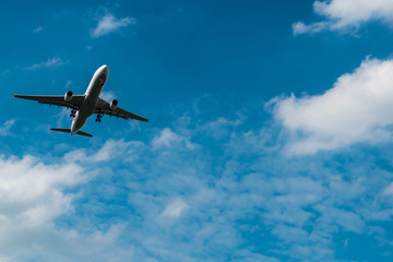 Fototapeta na wymiar landing airplane in blue sky