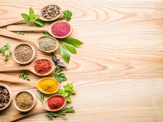 Assortment of colorful spices in the wooden spoons.