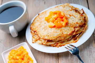 Pancakes, jam and coffee