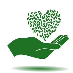 Контурный вектор - зеленое сердце в листьях в руке - берегите природу