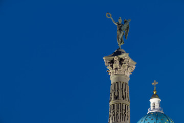 The Column of Glory and the dome of the Trinity Cathedral, night view, St. Petersburg, Russia.