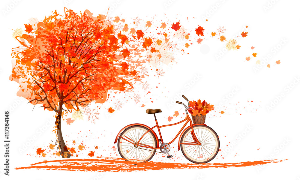 Poster Autumn background with a tree and a bicycle. Vector
