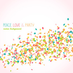 Peace, Love & Party card. Colorful confetti frame with copy space. Bright colors. White background. Wave made of small round pieces of paper. Can be used as postcard or flyer.