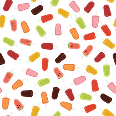 Homemade Ice Cream. Seamless pattern. Colorful fruit background. Lemon, orange, melon and peach lollipops. Delicious summer dessert. Natural healthy food.