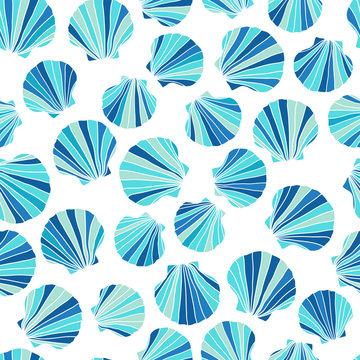 Round blue seashells. Seamless pattern. Stylized texture. Abstract pattern. Endless backdrop. Ocean life. For wallpaper, pattern fills, webpage background, surface textures.