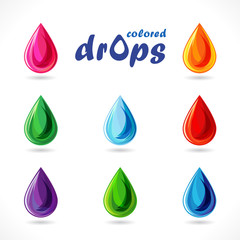 Set of 3D colorful drops. Color drips, logotypes collection, creative branding identity concepts. Red, shiny gold, yellow, green, blue and purple icons. Isolated abstract graphic design template.