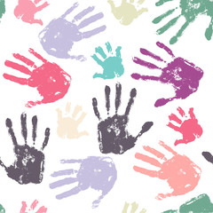 Family handprint seamless pattern. Colorful background with child, woman and man handprints. Vector illustration.