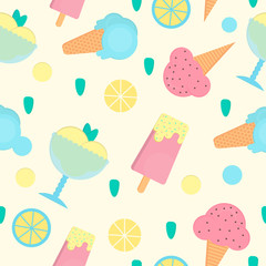 Ice cream seamless pattern in flat style. Background with eskimo, ice cream cone and sorbet. Vector illustration for print, textile and menus.
