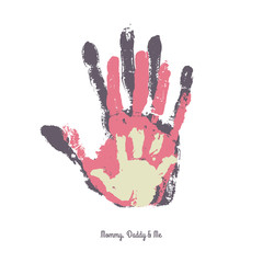 Watercolor handprint of family. Mom, dad and me vector illustration. Handprint of man, woman and child.