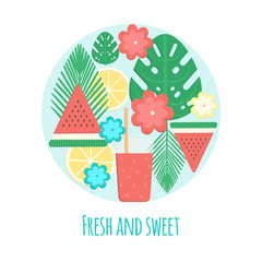 Tropical cocktails with fresh fruits in flat style. Vector illustration with palm leaves and fresh drink. Summer holidays design.