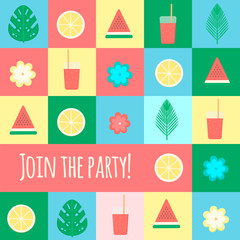 Tropical cocktails and palm leaves concept vector background. Fruits and flowers backdrop. Vector illustration of summer holidays.