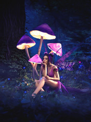 Fantastic photo shoot. Fairy sitting under huge mushrooms. Background fairy forest, scenery shine....