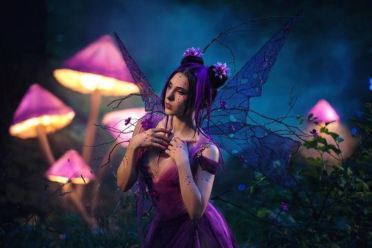 Fantastic photo shoot.  Fairy Coquette standing near the huge mushroom. Background fairy forest, scenery shine. The unusual fairy-tale image, purple dress and torn wings. Fashionable toning.