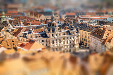 Top view on the town hall from the castle hill in Graz city. Traveling Austria. Tilt-shift image...