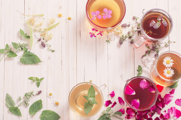 herbal tea on a white wooden background