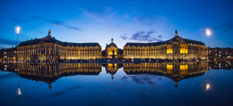 Bordeaux, France, Illuminated Reflection In Water At Place De La