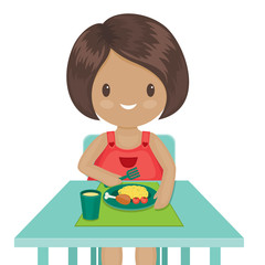 Little girl is eating her dinner. Vector illustration