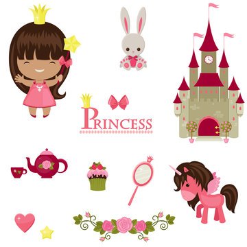 Princess, unicorn, castle and other princess design elements