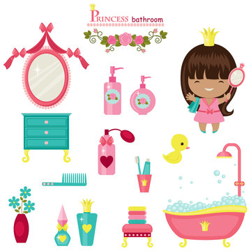 Princess bathroom collection. Isolated cute vector icons over wh