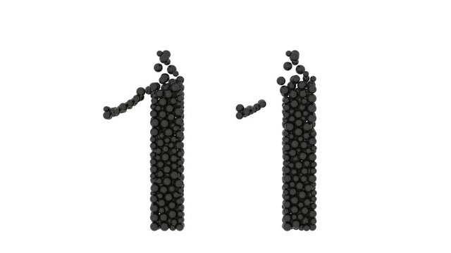 Number eleven 11 formed of small black balls or spheres in a closely packed pattern and texture isolated on white for use as a design element