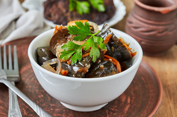 Marinated eggplant with onion and carrot. 