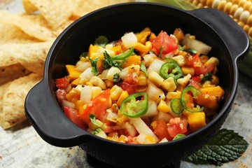 Grilled corn mango salsa, selective focus