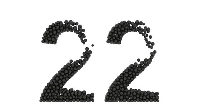 Number 22, twenty-two, made of small black balls densely packed to form the digit with a few missing at the top for a partial edge isolated on white